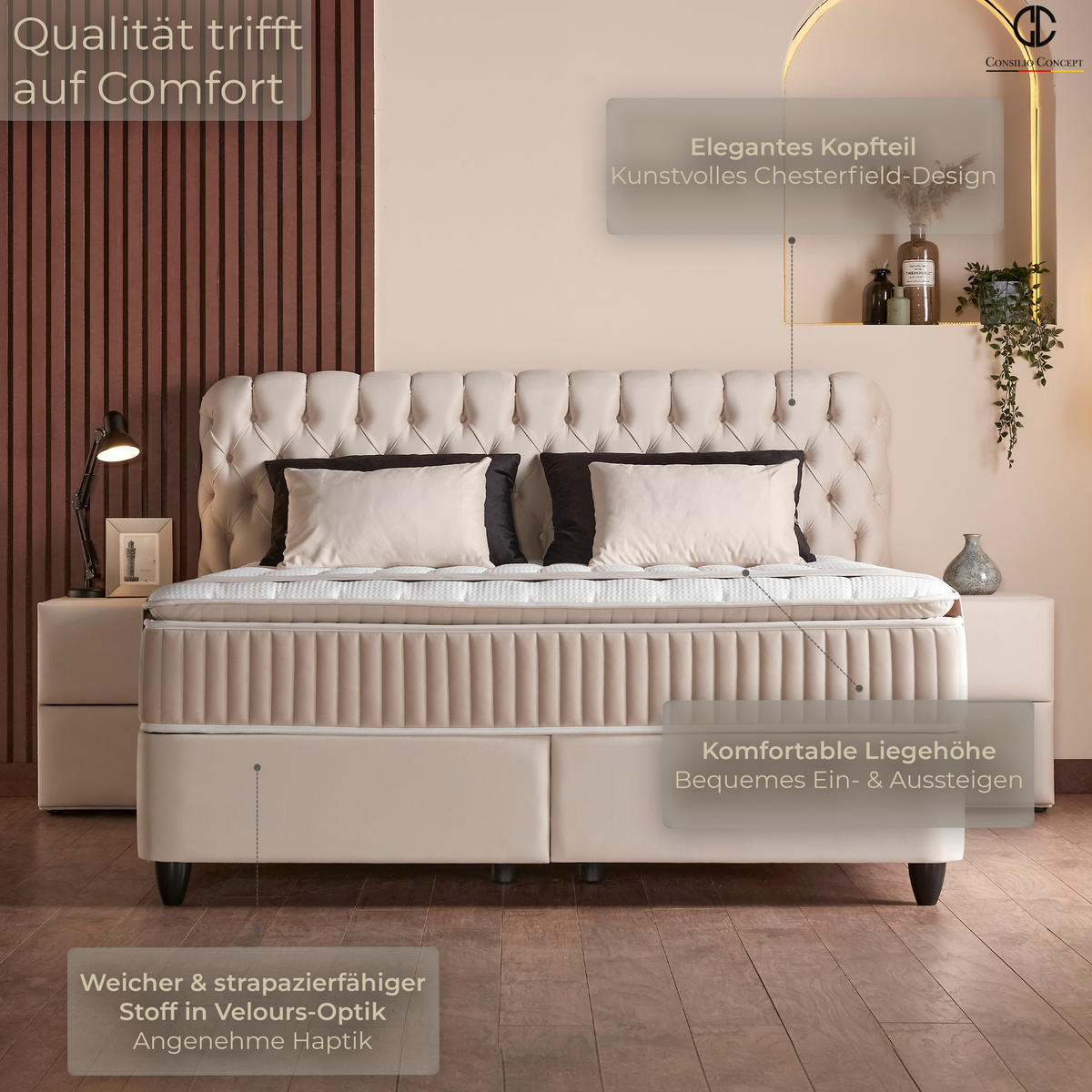 BOXSPRINGBETT MIT BETTKASTEN SIENA 140/200 cm, Beige, Bettkasten, Matratze, Topper integriert, H3 mittel, 7-Zonen Matratze - Beige/Schwarz, Holz/Kunststoff (140/200cm) - Consilio Concept