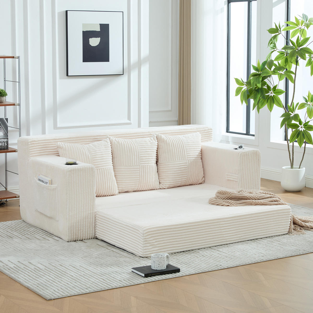 SCHLAFSOFA Modular mit Getränkehaltern und Seitentaschen, DE-42913, Beige - Beige, Textil (172/64/87cm) - ComfortXL