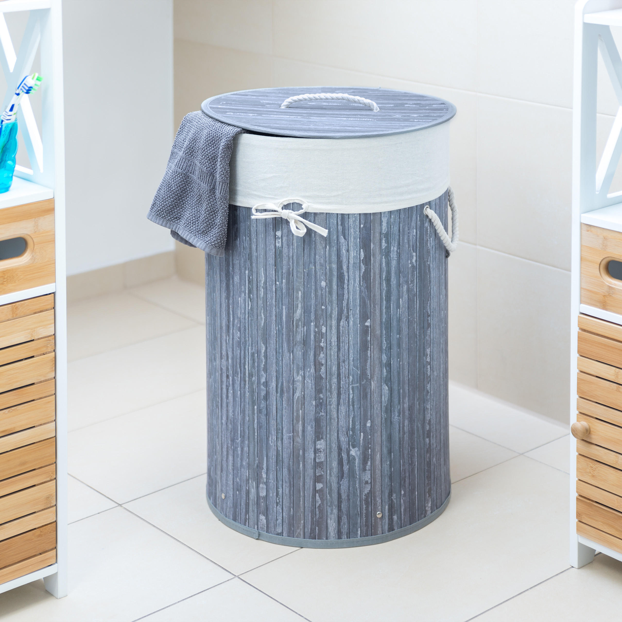 WÄSCHEKORB - Grau, Holz/Textil (41/65/41cm) - Relaxdays