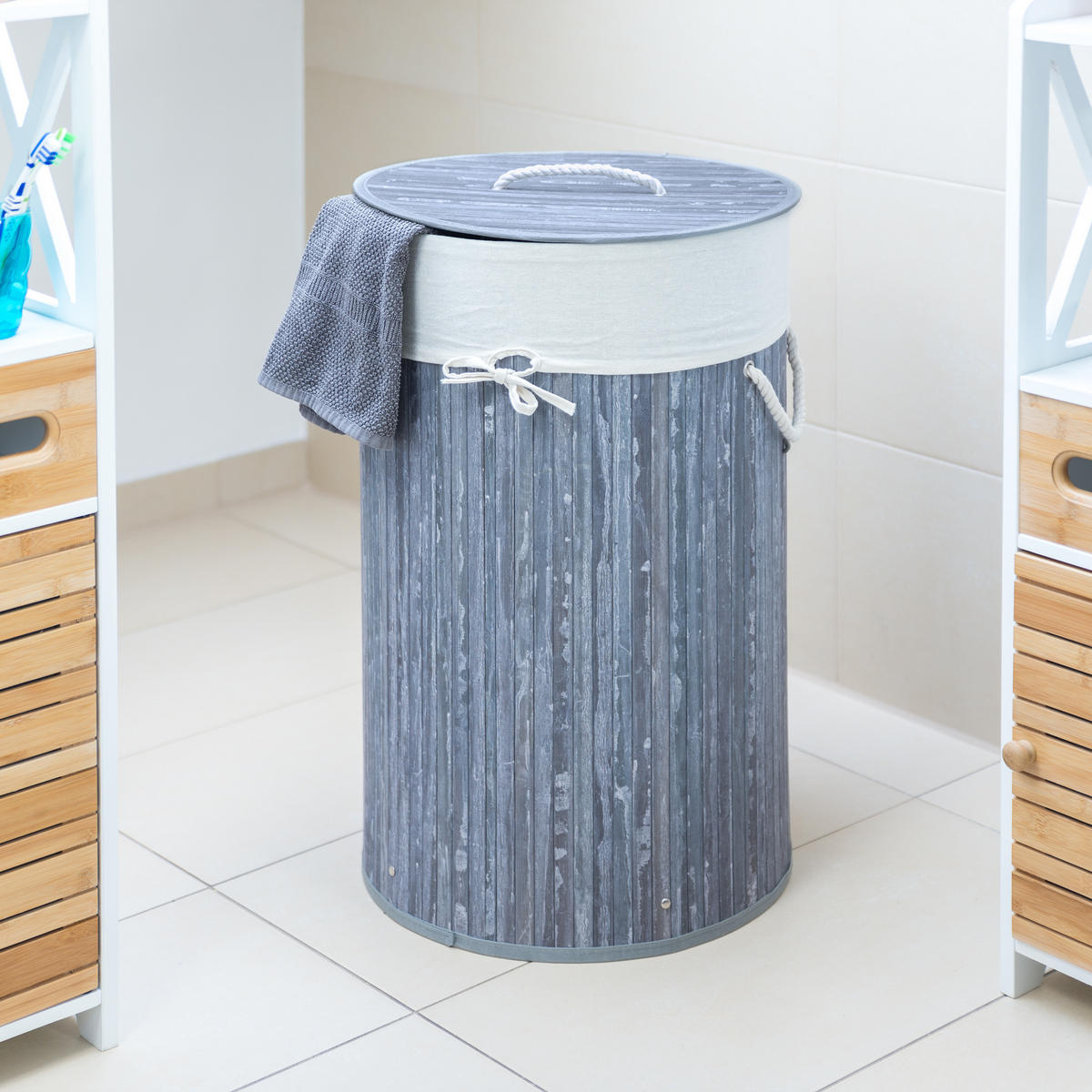 WÄSCHEKORB - Grau, Holz/Textil (41/65/41cm) - Relaxdays