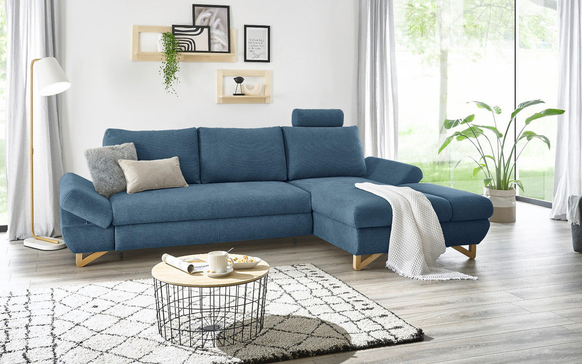 ECKSOFA blau Struktur-Stoff, Sofa mit Bettfunktion und Stauraum 284 cm - Blau, Holz/Textil (284/166cm) - Furn.Design