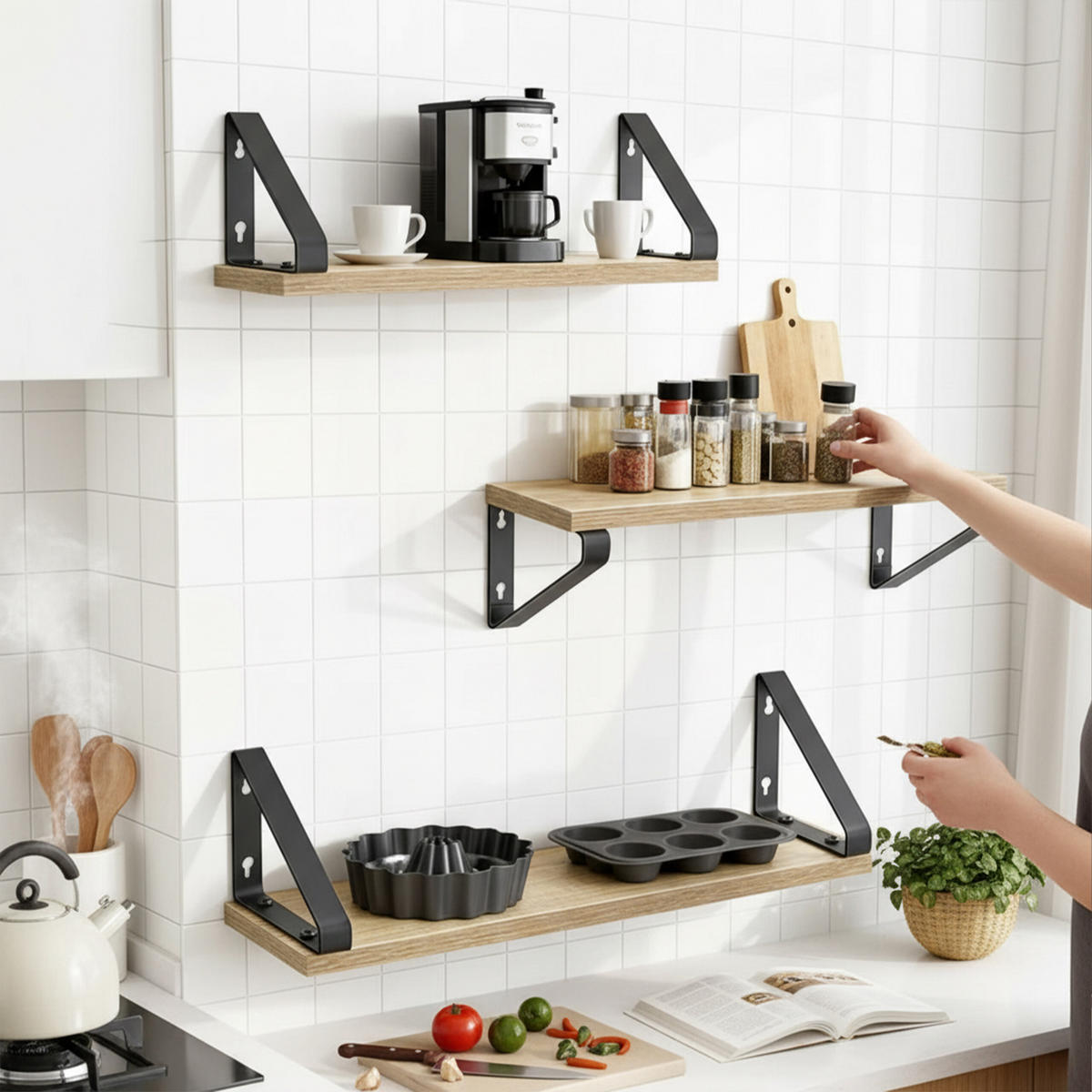 WANDREGAL-SET - Hellbraun, Holzwerkstoff/Metall (40/11/12cm) - Relaxdays