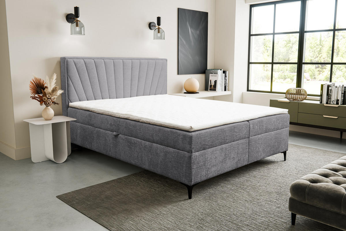BOXBETT Cimone mit 2 Bettkästen, Maße: 140x200 cm, Farbe: Grau, Velourstoff, mit Bonell-Matratze inkl. Topper - Grau, Holz/Kunststoff (140/200cm) - VENASI MÖBEL