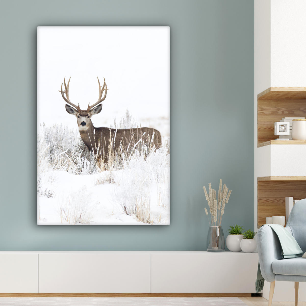 LEINWANDBILD Hirsche - Winter - Schnee - Tiere - Jahreszeiten - Weiß 80x120 cm - Hellbraun, Textil (80/120cm) - MuchoWow