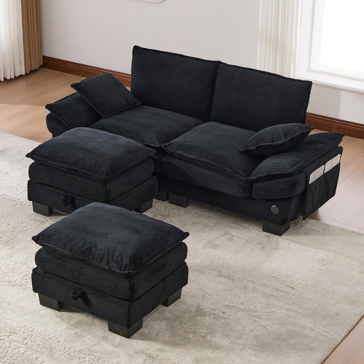 2-SITZER SOFA Cord Schwarz mit USB-C und Hocker - Schwarz, Holzwerkstoff/Kunststoff (190/84/132cm) - WISHDOR