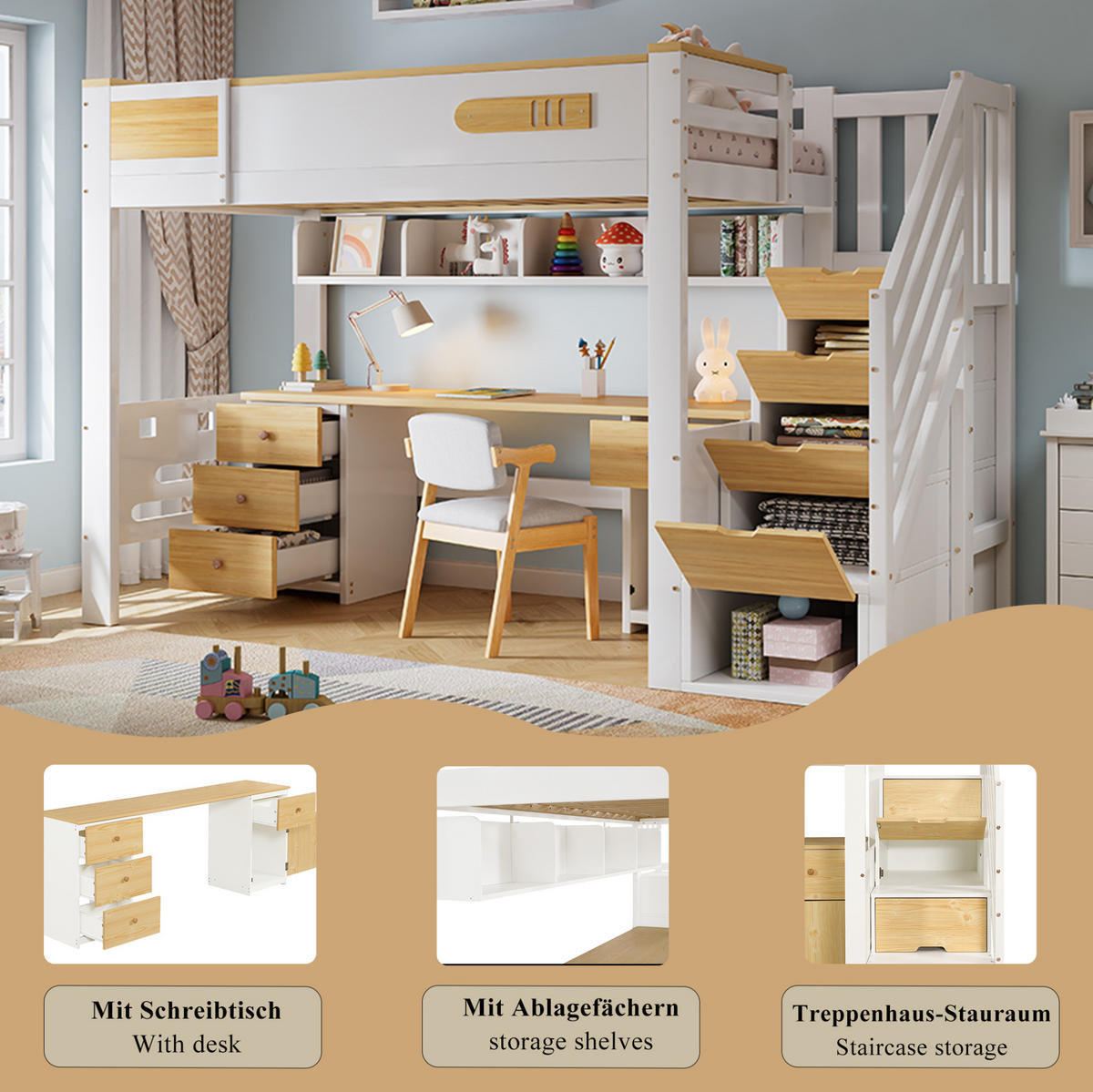 HOCHBETT 90x200 cm in Weiß/Natur mit Schreibtisch, Schubladen und Stauraumtreppe - Weiß, Holz (90/200cm) - IVMEU
