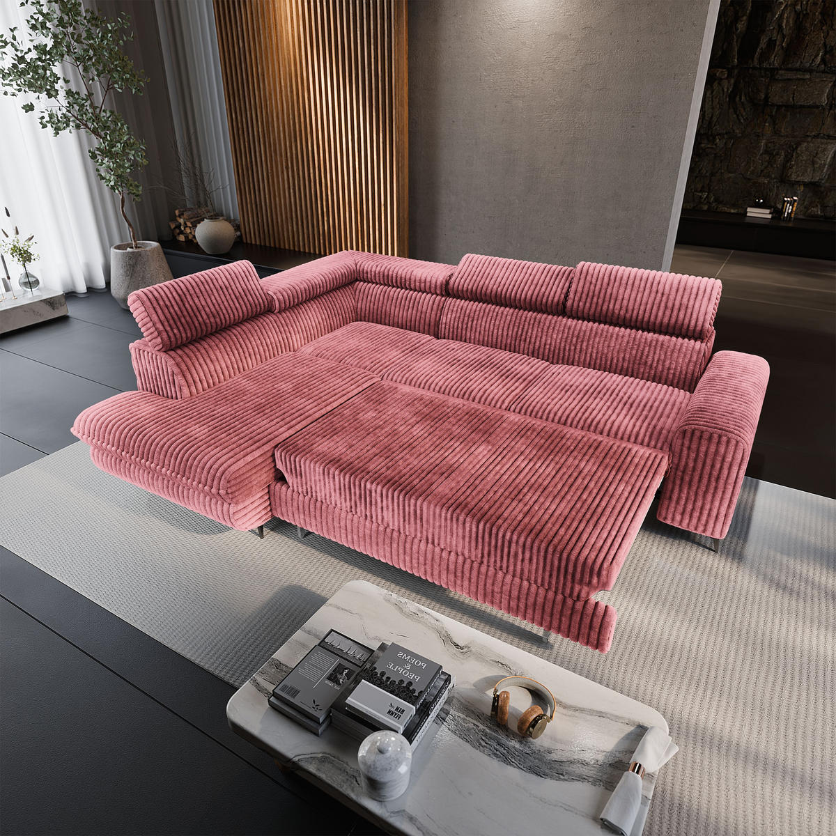 ECKSOFA VELISS Rosa Kordstoff mit Schlaffunktion - Rosa, Holz (255/193cm) - MASSENO
