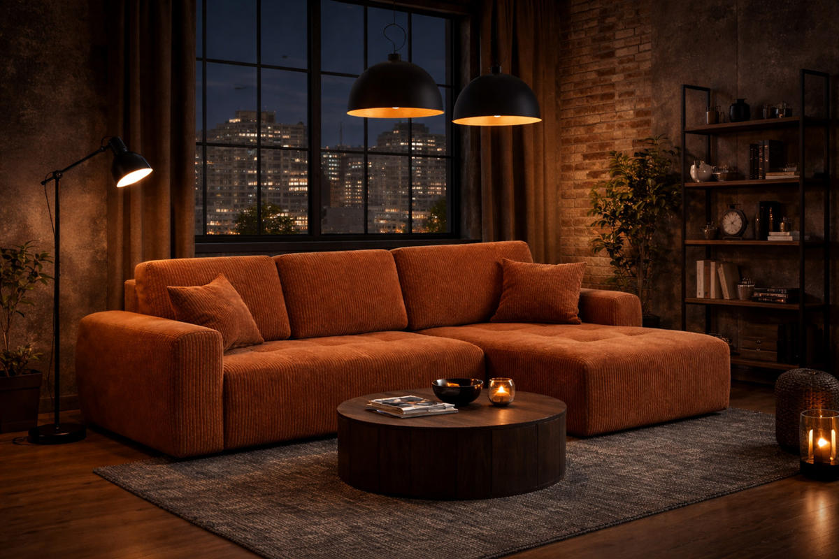 ECKSOFA Mit Schlaffunktion Und Bettkasten L-Form Ivo L, Cordstoff Poso, Kupfer, Rechts - Orange, Holz (250/142cm) - Kaiser Möbel