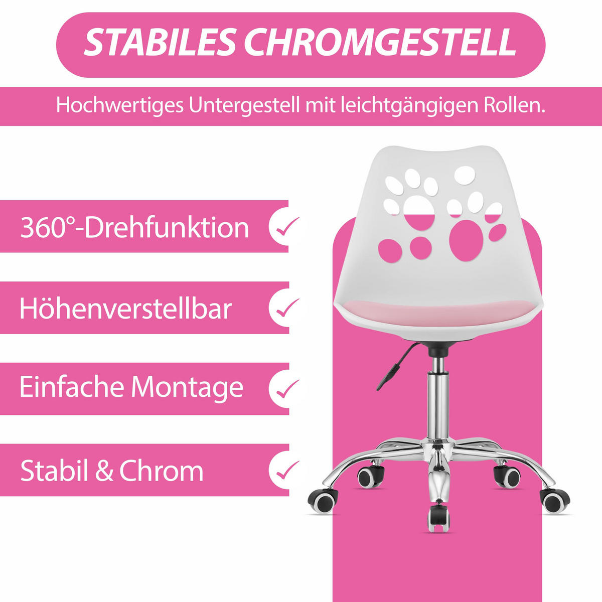 BÜRODREHSTUHL Weiß/Pink, Höhenverstellbar, Rollen, Ohne Armlehnen, Ergonomisch Für Büro Und Schlafzimmer - Weiß, Textil (51/94/58cm) - Best For Home