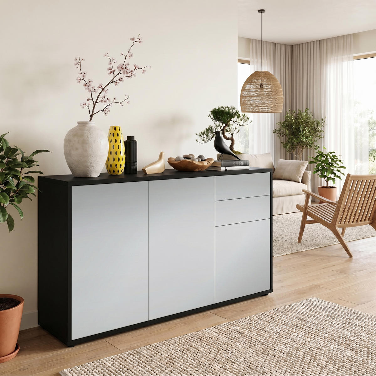 KOMODA Ben V3 Crna mat/Svjetlosiva svilenkasto mat (117 x 74 x 36 cm) - sivo-bež, drvni materijal (117/74/36cm) - Vladon