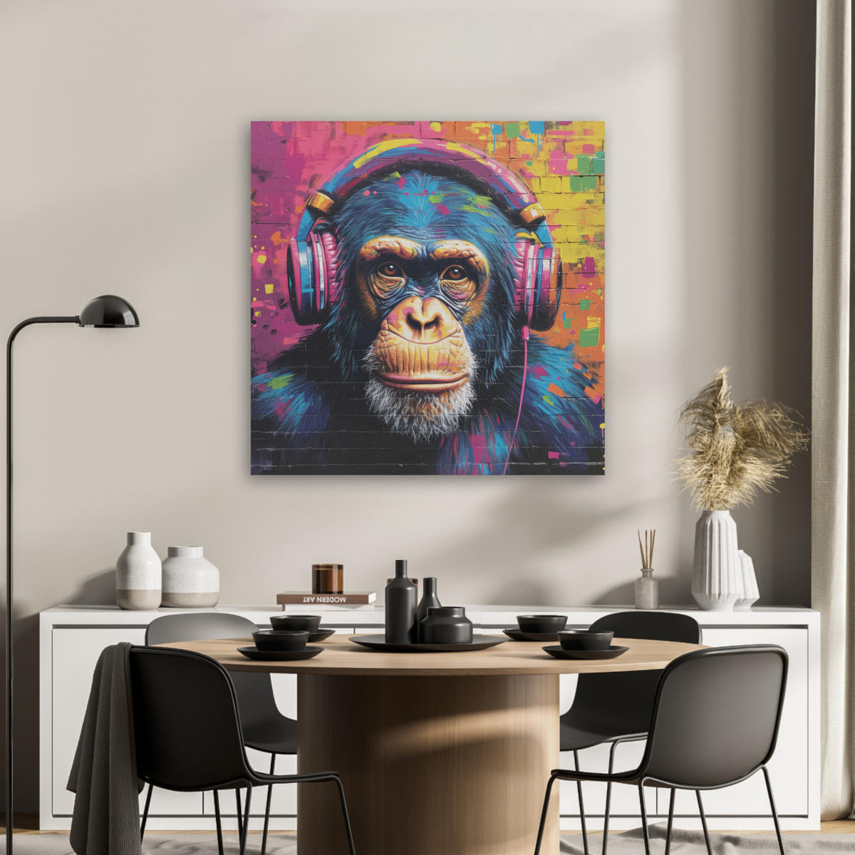 AKUSTIKBILD Graffiti - Schimpanse - Straßenkunst - Kopfhörer - Affe Akustikpaneele 80x80 cm - Blau, Kunststoff (80/80/0.9cm) - MuchoWow