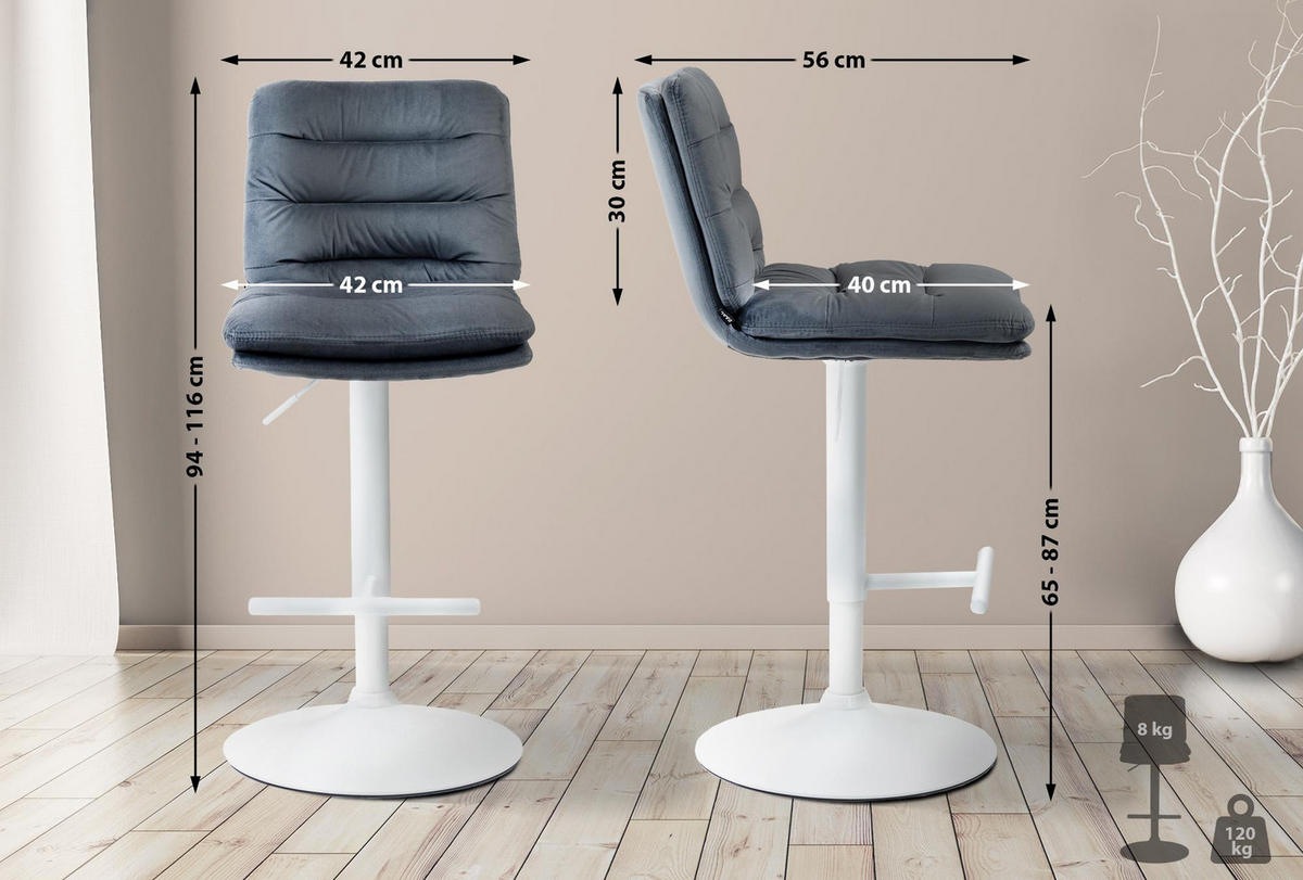 BARHOCKER Samt dunkelgrau - Dunkelgrau/Weiß, Textil/Metall (42/94/56cm) - CLP