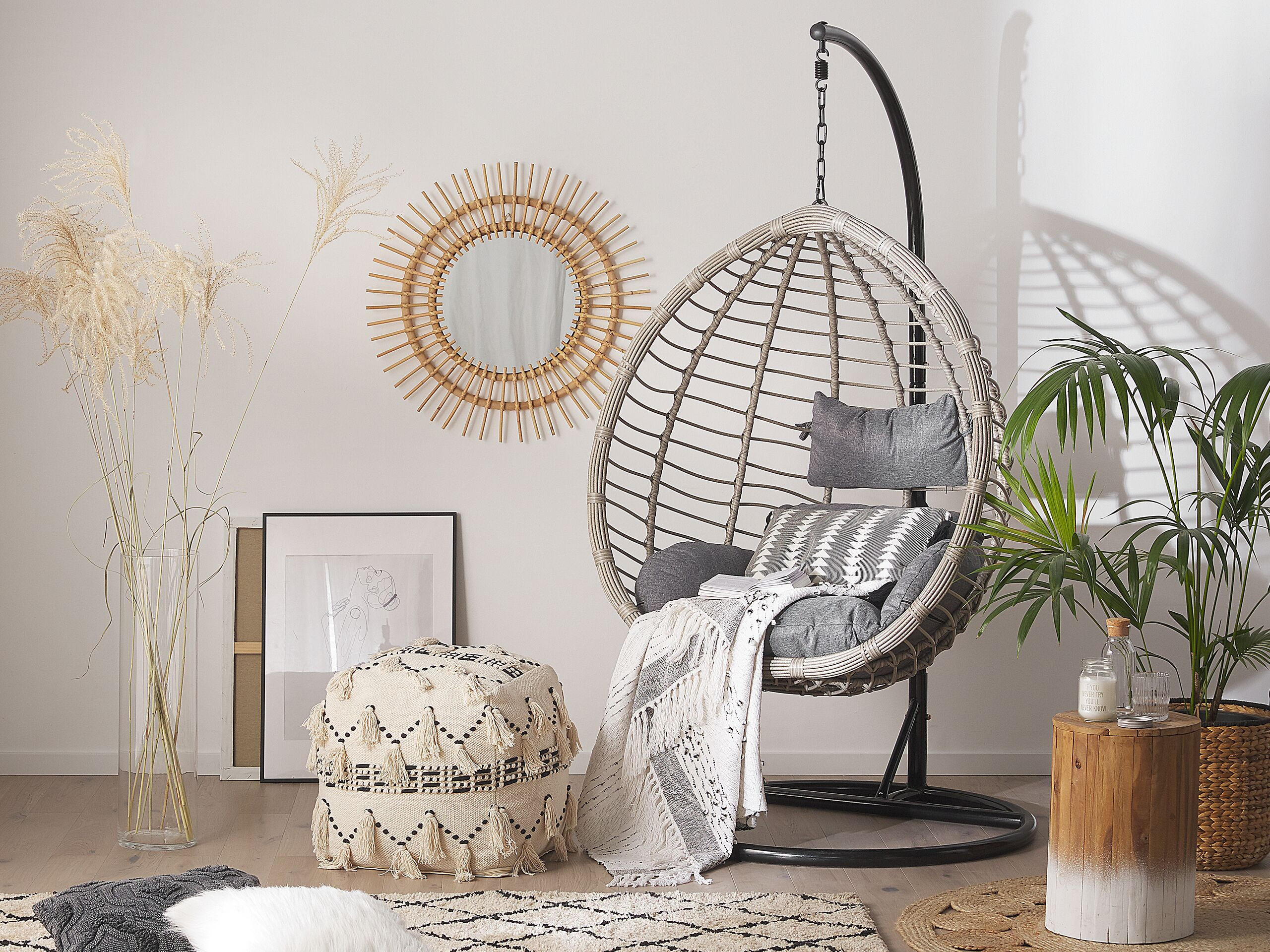 HÄNGESESSEL mit Gestell PE Rattan grau 97 cm Tollo - Grau, Kunststoff (106/199/97cm) - Beliani