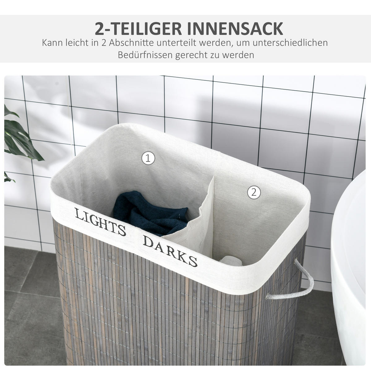 WÄSCHEKORB schmal mit Deckel 100L, Badezimmer, Bambus, Grau - Grau, Naturmaterialien (52/63/32cm) - HOMCOM