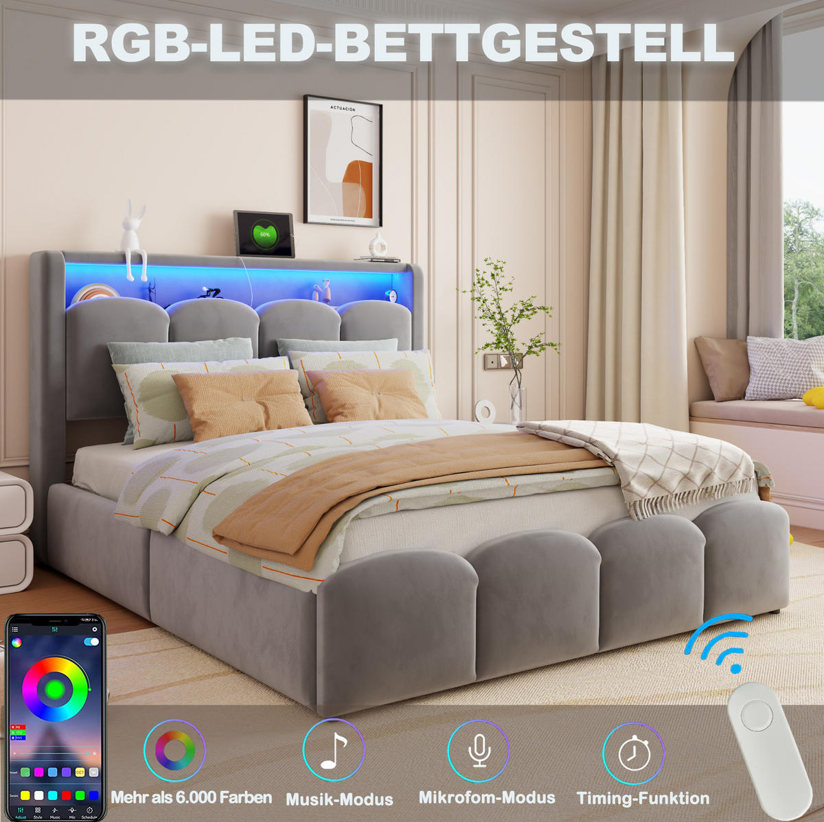 POLSTERBETT 140x200 cm in Grau mit LED, USB-/Typ-C-Anschlüssen und Stauraum - Grau, Textil (140/200cm) - IVMEU