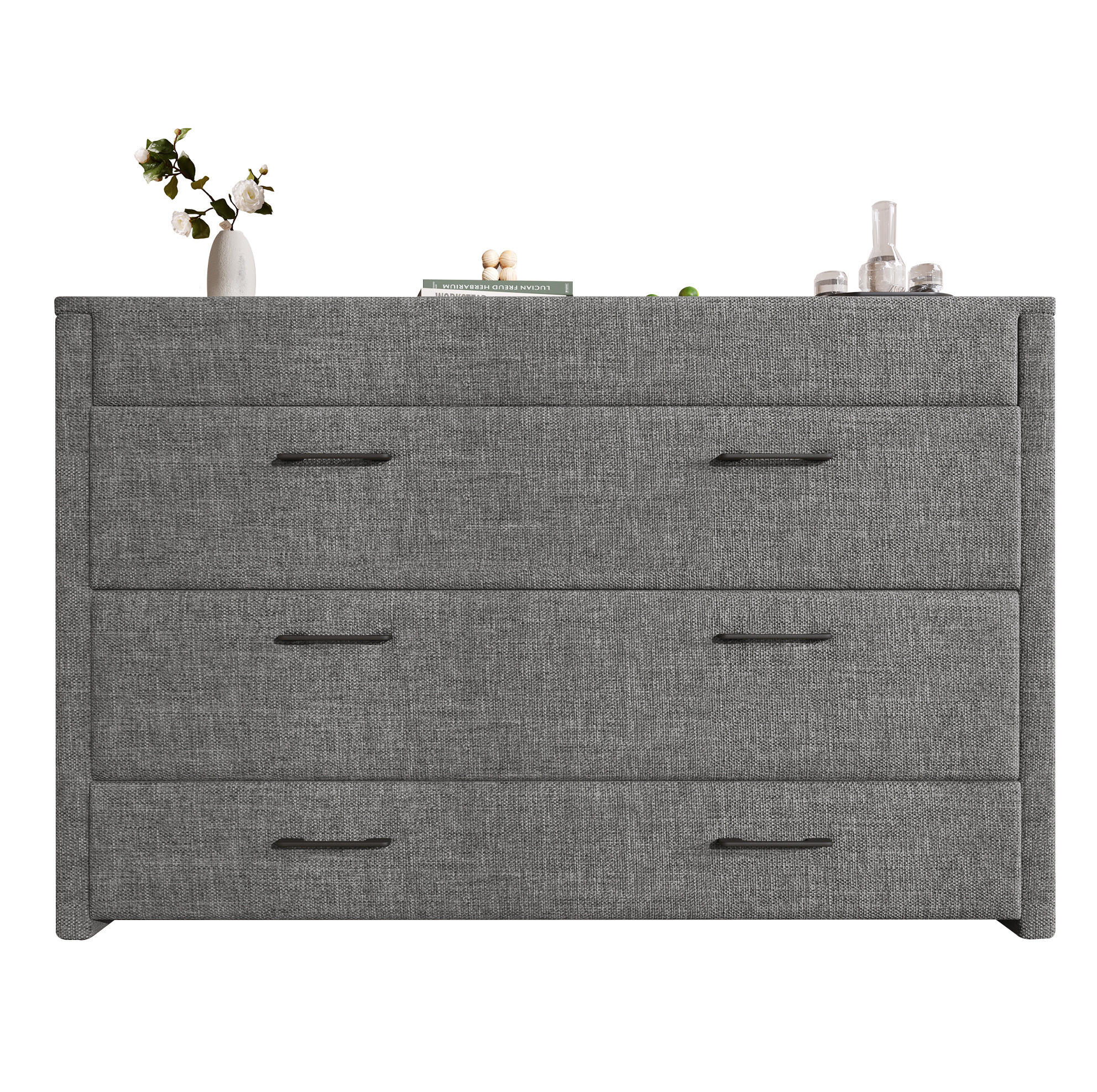 BETT 140/200 cm Grau aus Leinen und MDF mit USB- und Typ-C-Anschlüssen - Grau, Textil (140/200cm) - OKMYHOME