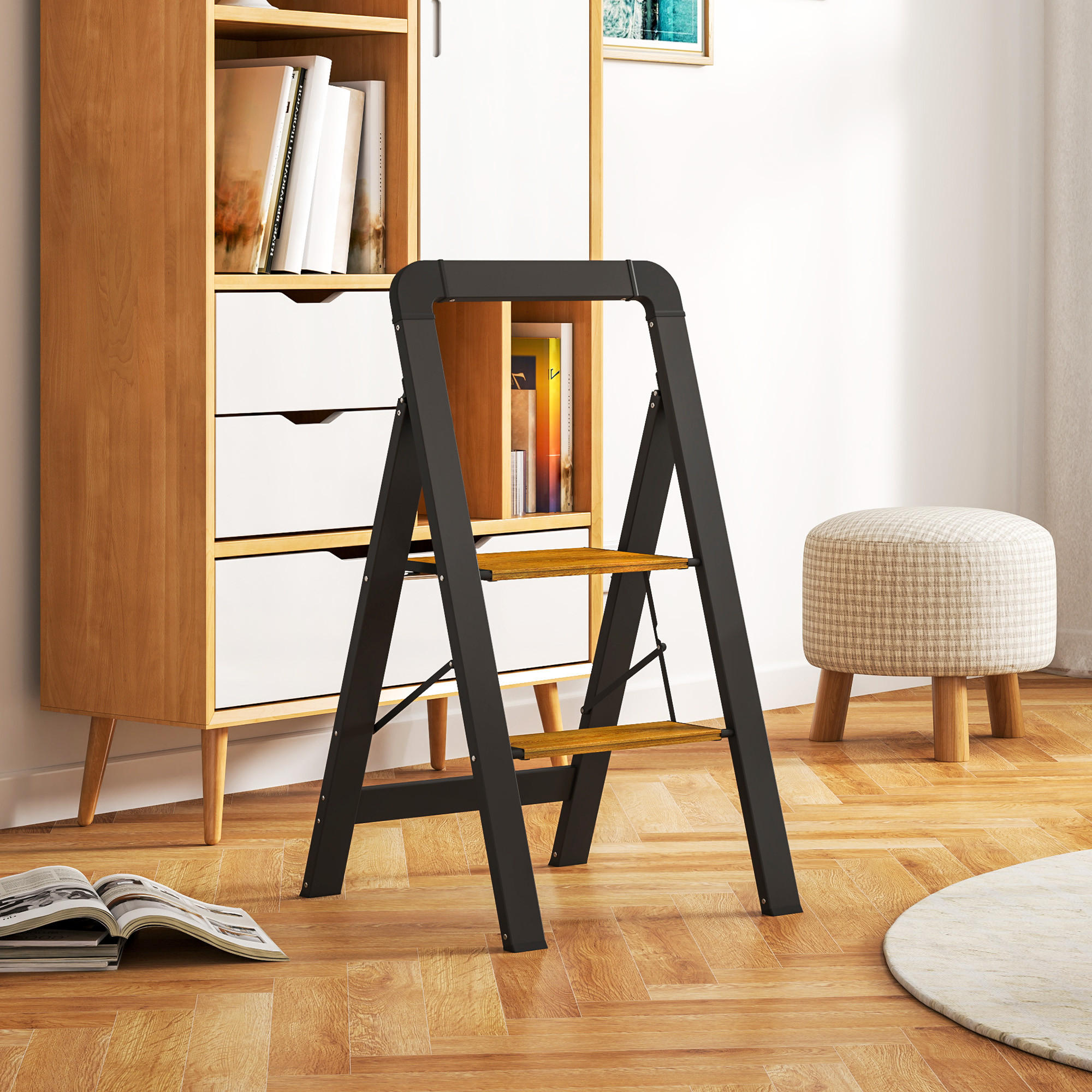 TRITTLEITER Klapptritt mit 2 Stufen Aluminium Schwarz 44,5 x 48 x 86,3 cm - Schwarz, Metall (44.5/48/86.3cm) - HOMCOM