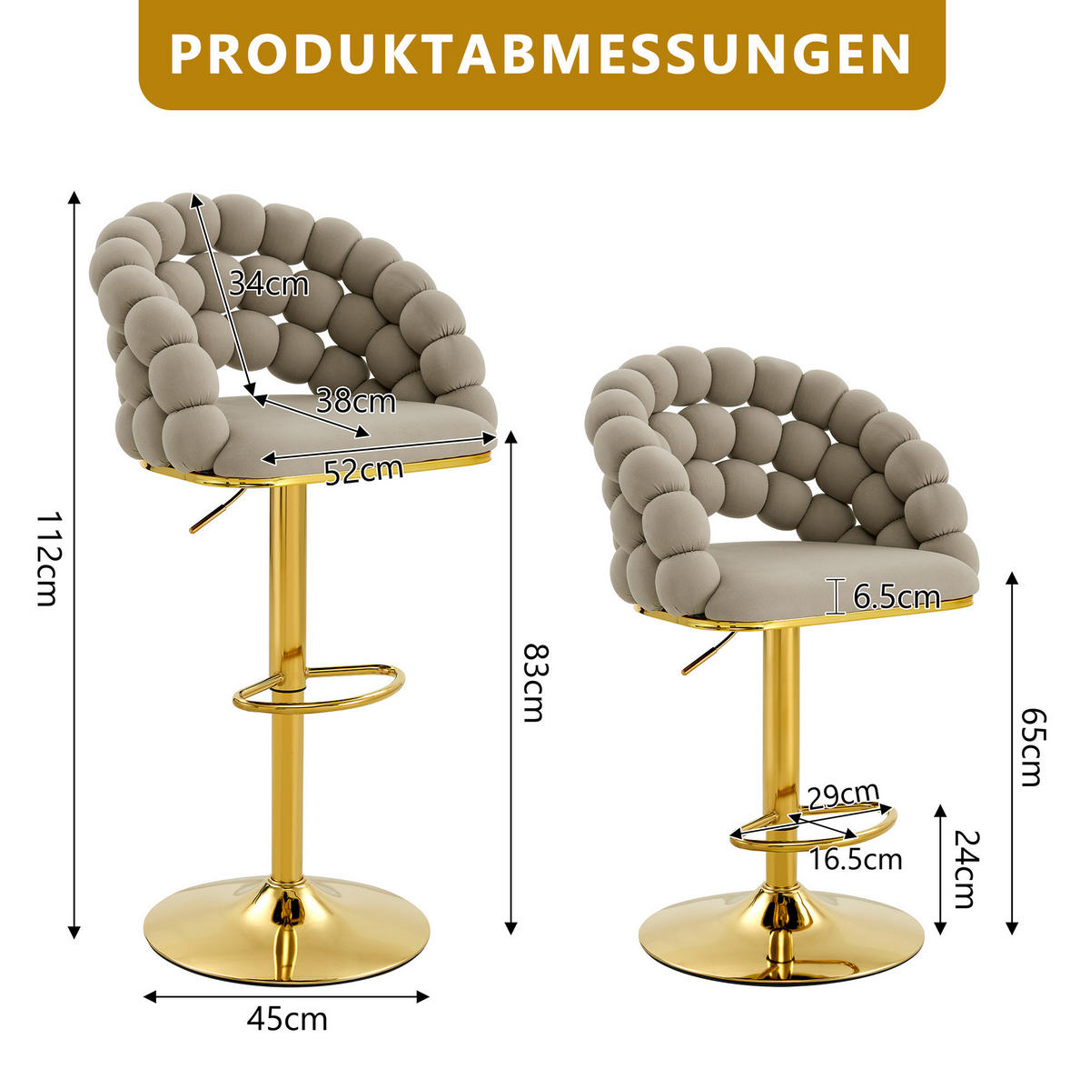 BARHOCKER höhenverstellbar 65-112 cm Samt Grau 2er-Set - Grau, Metall (52/112/45cm) - Meubliv