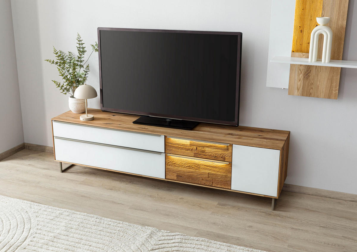 LOWBOARD Wildeiche 200x43x52 natur geölt / Glas weiß WIEN #105 - Naturfarben, Holz (200/52/43cm) - Massivmoebel24