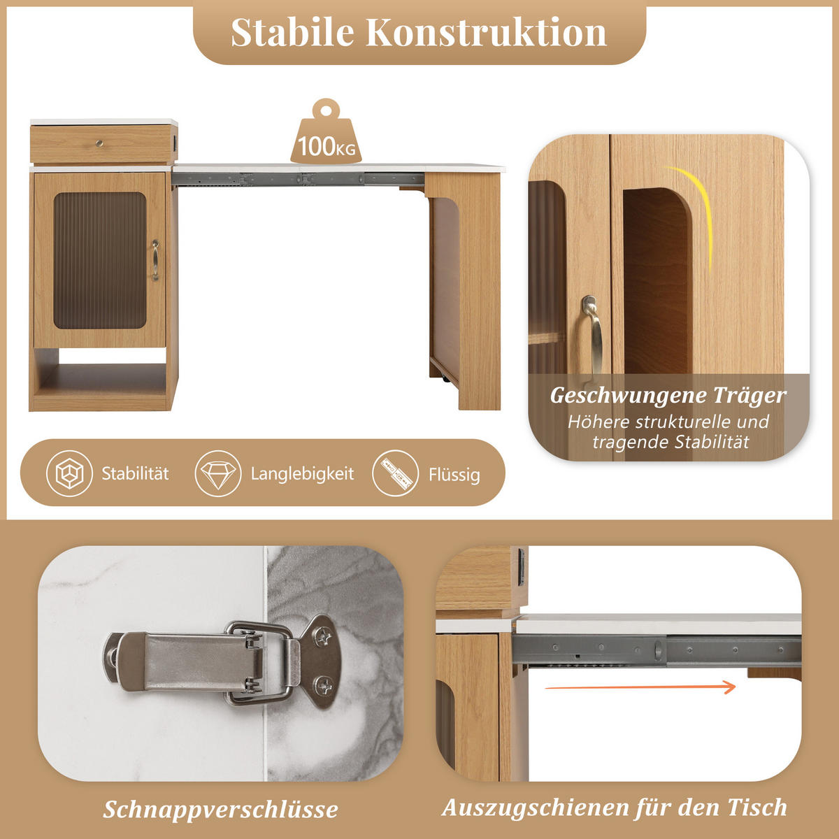 KÜCHENINSEL auf Rollen mit ausziehbarem Esstisch, Natur - Naturfarben, Holz (71/92/80cm)