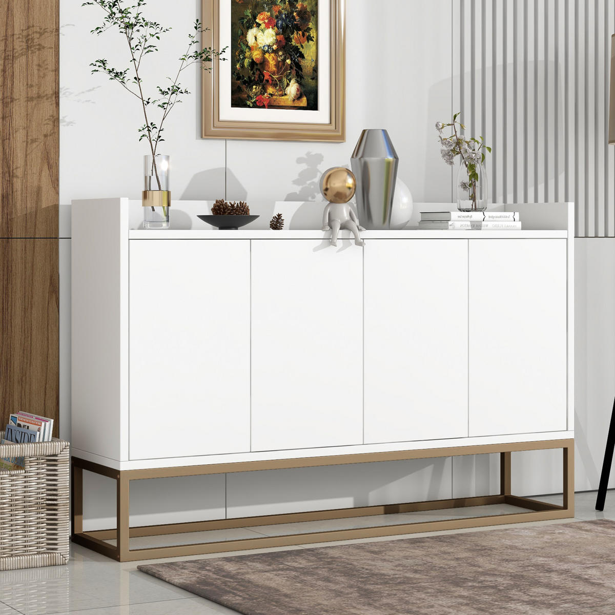 SIDEBOARD, Kommode mit 4 Türen, Verstellbaren Einlegeböden und goldenen Metallrahmen, Weiß - Weiß, Holz (30/80/120cm)