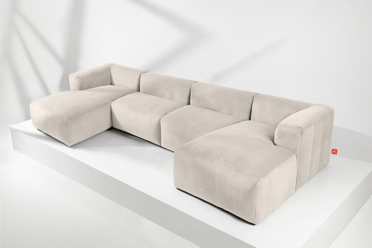 PANORAMA-ECKSOFA BUFFO 7/8 Sitzer mit extrem weicher Sitzfläche, Kordstoff, cremefarben - Creme, Textil (424/73/180cm) - KONSIMO®