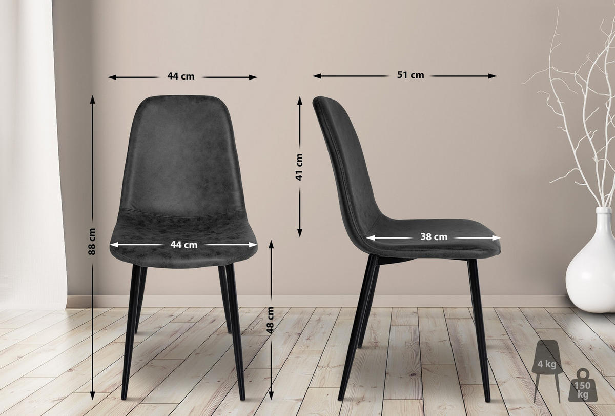 STUHL Lederlook Schwarz - Schwarz, Textil/Metall (44/88/51cm) - CLP