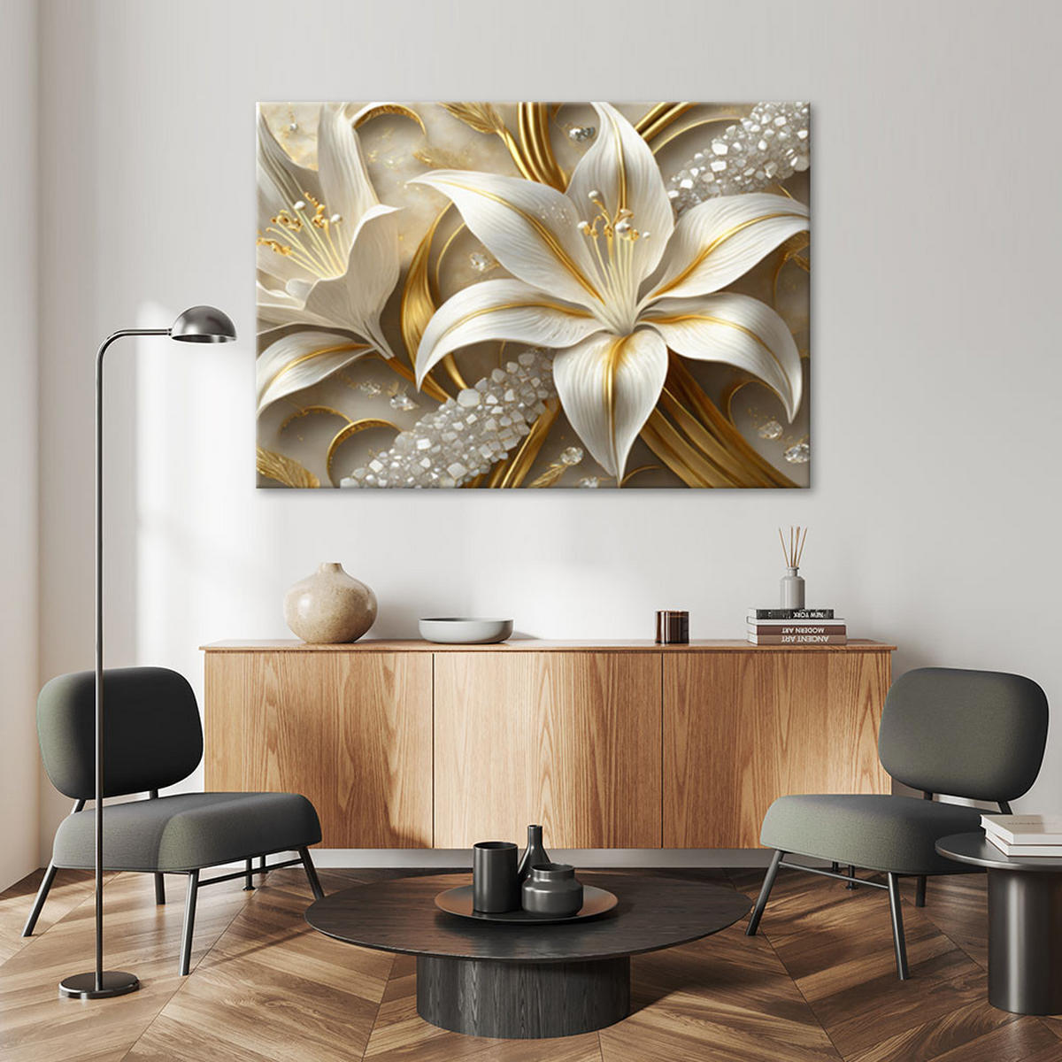 LEINWANDBILD Lilien Glamour Gold 100x70cm - Goldfarben, Textil (100/70cm) - Feeby
