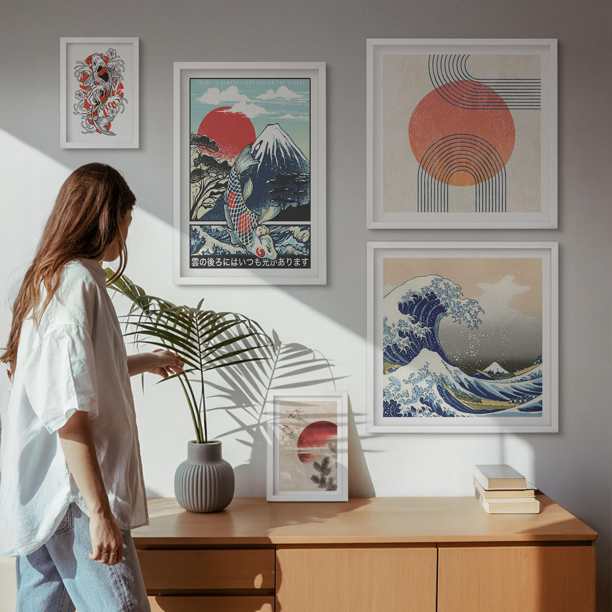 WANDBILDER 5er-Set - 50x50 cm & 20x30 cm & 40x60 cm Weißer Rahmen - Illustrationen von Fischbergen, die sich in Japan ausbreiten - Weiß, Kunststoff (40/60cm) - ArtPrintCave