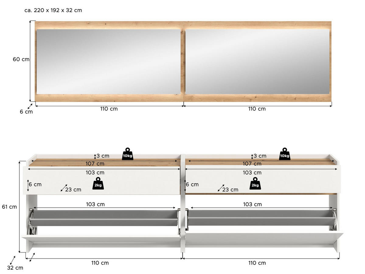 GARDEROBEN-SET inkl. Beleuchtung DRIVE (B/H/T: ca. 220/192/32 cm) in Weiß/weiß - Weiß, Holzwerkstoff (220/192/32cm)