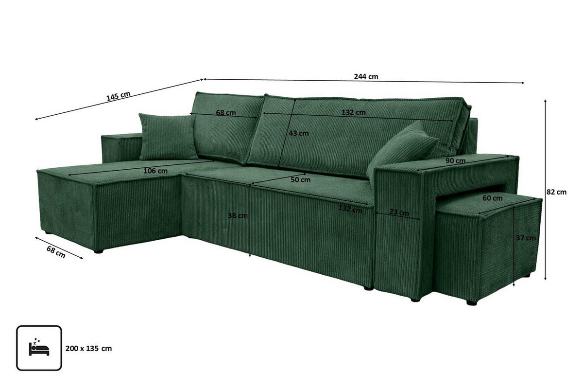 ECKSOFA Mit Schlaffunktion Und Pouf, Cordstoff Poso, Grün, Links, Best L Mit Pouf - Grün, Holz (244/145cm) - Kaiser Möbel
