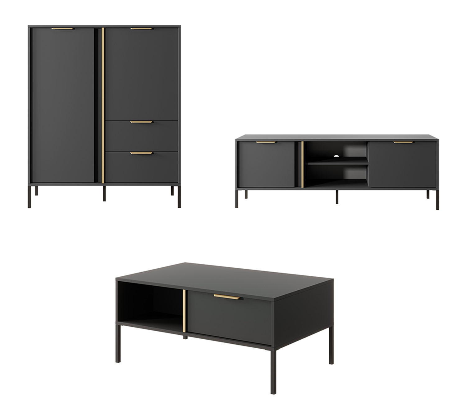 WOCHNZIMMER-SET Lars anthrazit / gold 3-teilig - Anthrazit/Grau, Holz/Holzwerkstoff (256.4/123.4/39.5cm) - Feldmann-Wohnen