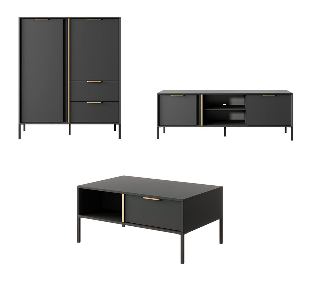 WOCHNZIMMER-SET Lars anthrazit / gold 3-teilig - Anthrazit/Grau, Holz/Holzwerkstoff (256.4/123.4/39.5cm) - Feldmann-Wohnen