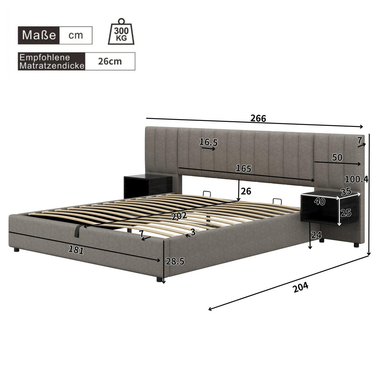 POLSTERBETT 180x200cm Grau+Schwarz Leinen Mit 2 Nachttischen - Grau, Naturmaterialien (180/200cm) - FLIEKS