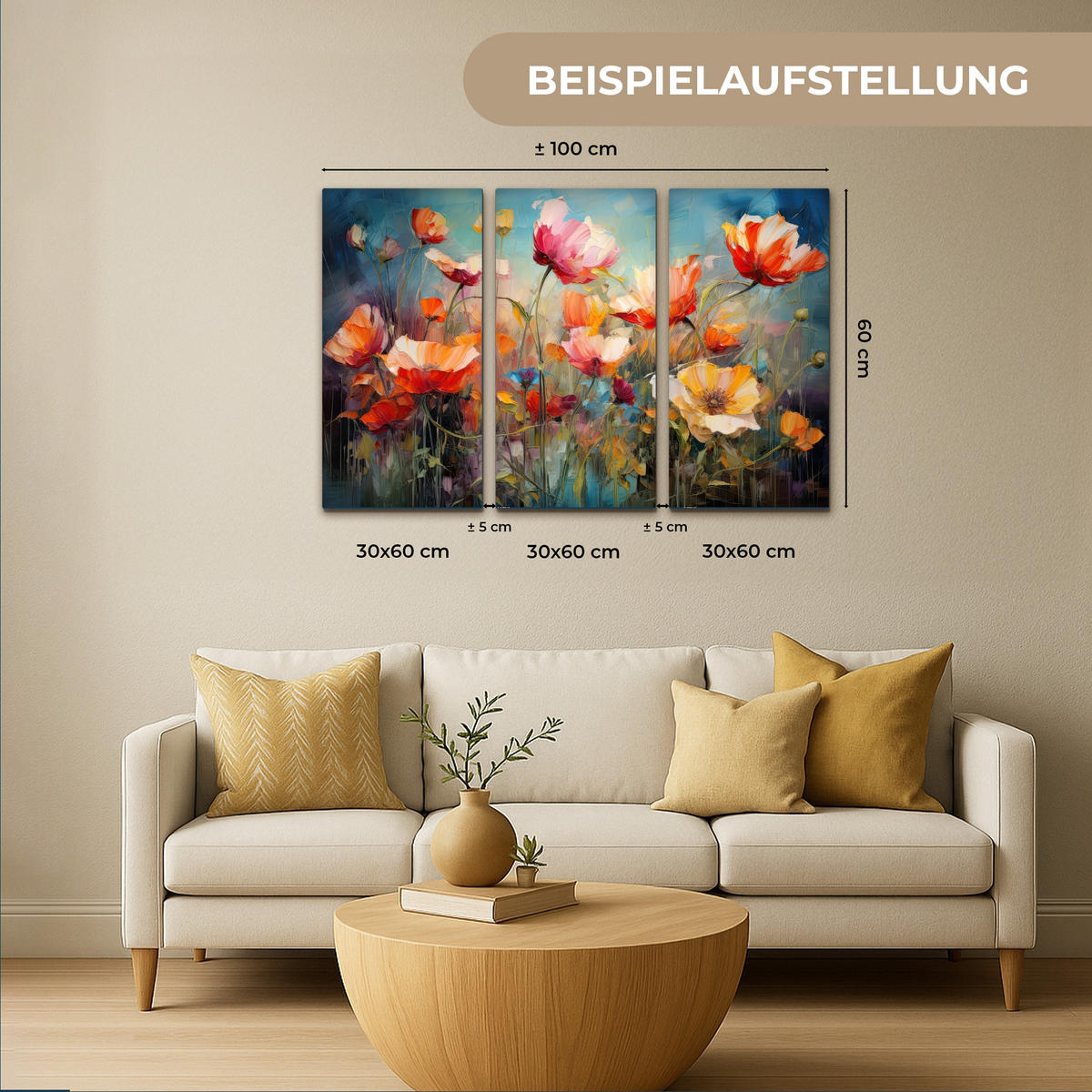 LEINWANDBILD 3er Set Blumen - Bunt - Abstrakt 90x60 cm - Blaugrau, Textil (90/60cm) - MuchoWow