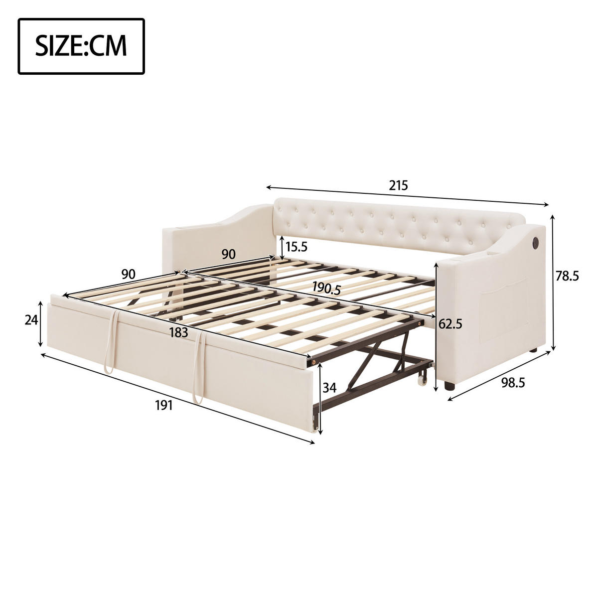 MULTIFUNKTIONSBETT 90/180 cm Beige mit USB-Ladeanschluss und Stauraum - Beige, Textil (90/180cm) - OKWISH