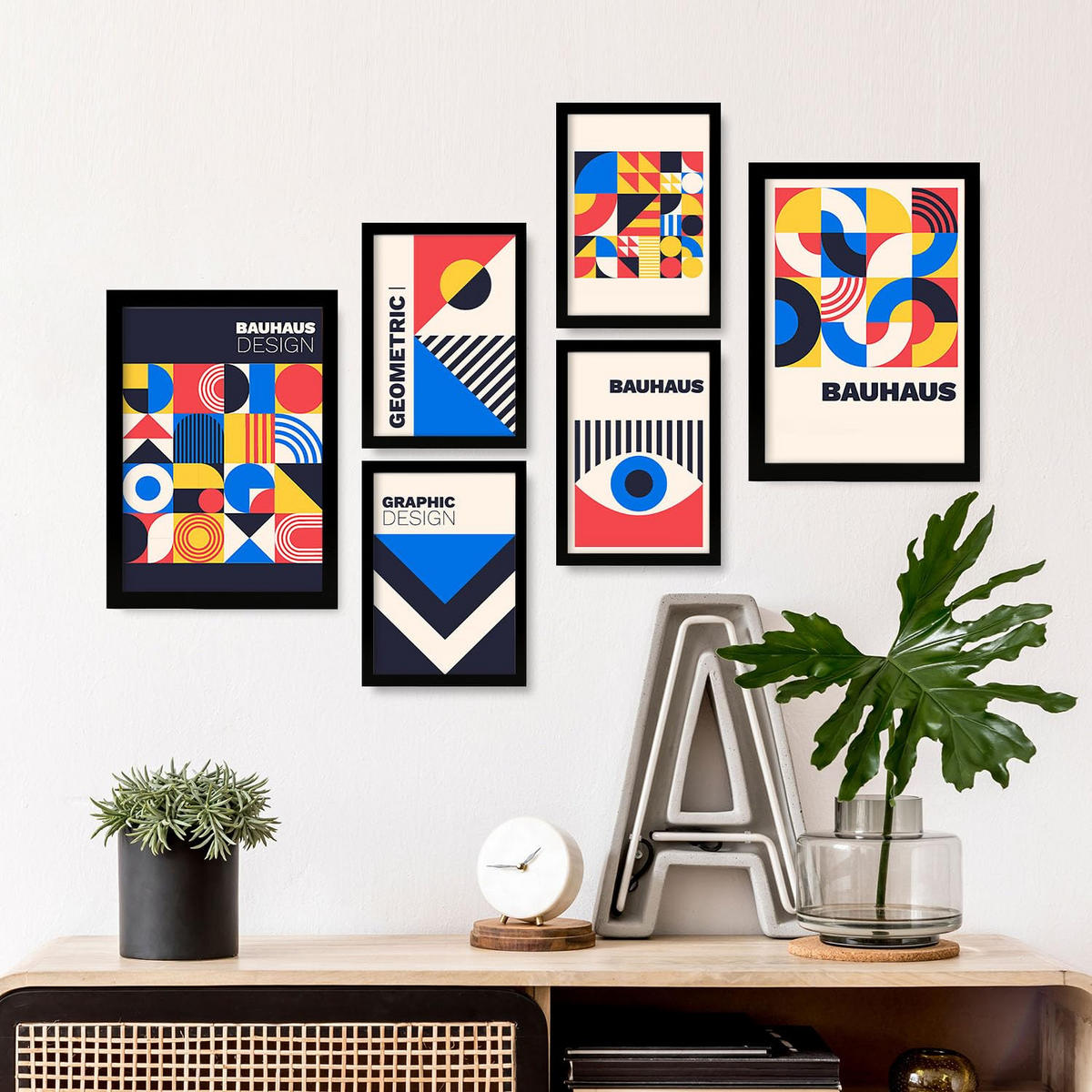POSTER Set Mit 6 Drucken Im Bauhaus 6 Geometrische Designkollektion Drucke Mit Ästhetische Dekorative Rahmen Für Zuhause A3 & A4 Schwarzer Rahmen - Schwarz, Papier (29/3cm) - Nacnic
