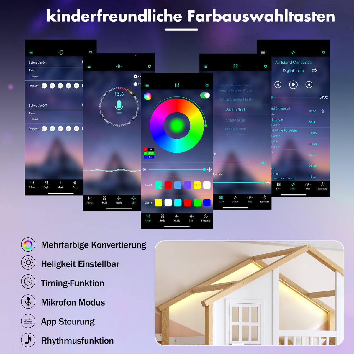 HAUSBETT 90/200 cm aus Kiefer mit Stauraumtreppe und LED-Beleuchtung - Weiß, Holzwerkstoff (90/200cm) - BEAOK