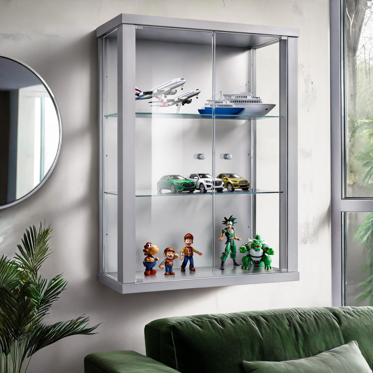 HÄNGEVITRINE 25/60/80 cm mit 2 höhenverstellbaren Glasböden - Transparent/Silberfarben, Glas/Holzwerkstoff (60/80/25cm) - K-Möbel