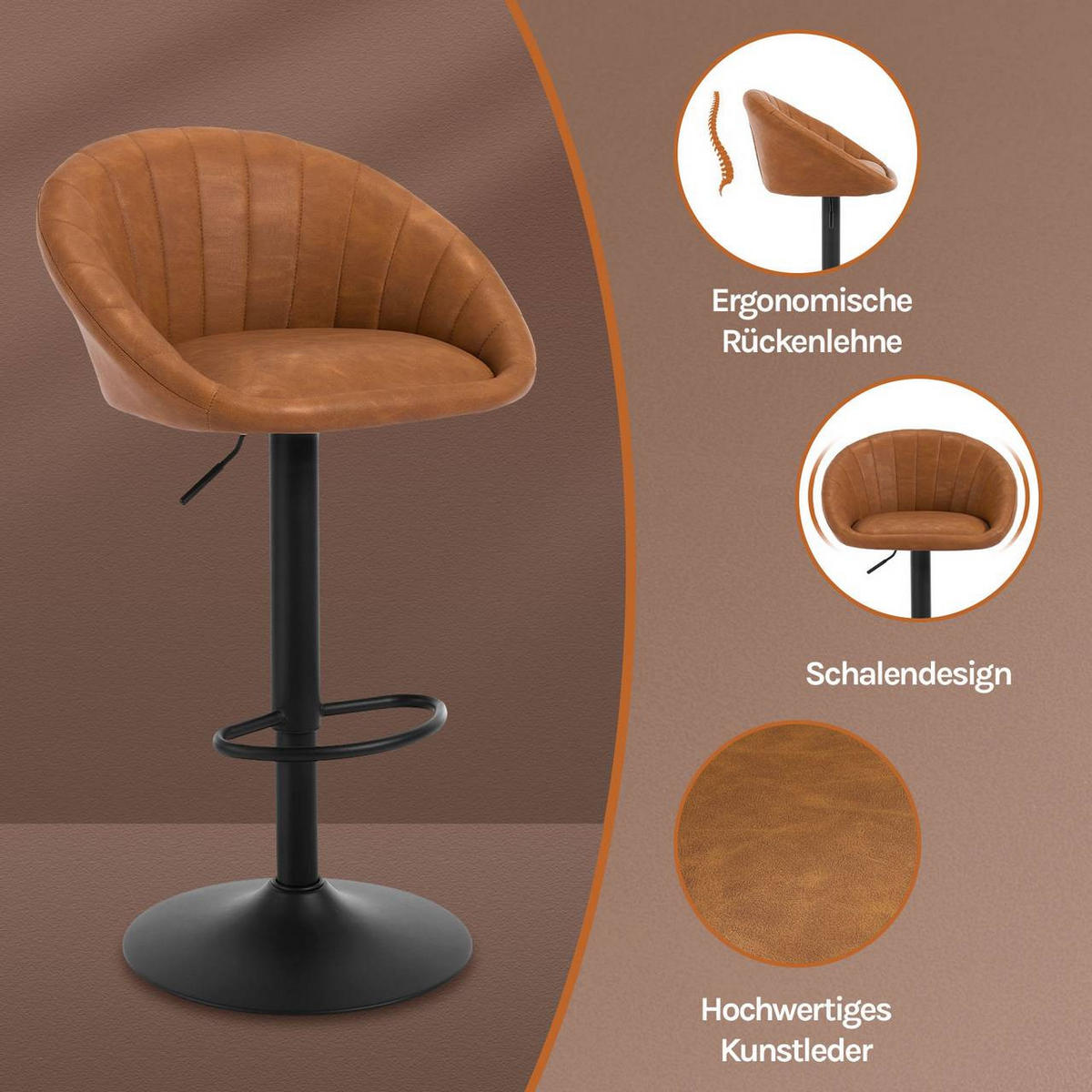 BARHOCKER Kunstleder, Metall, Braun - Schwarz/Braun, Kunststoff/Metall (53/83/45cm) - Woltu