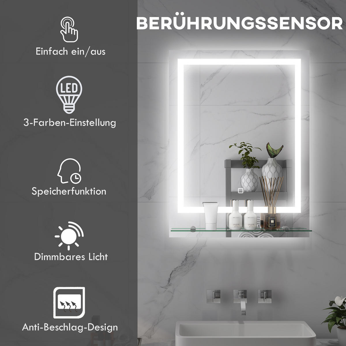 BADSPIEGEL mit Beleuchtung, Wandspiegel mit 3 Lichtfarben, Anti-Beschlag - Transparent, Glas (50/2.7/70cm) - Kleankin