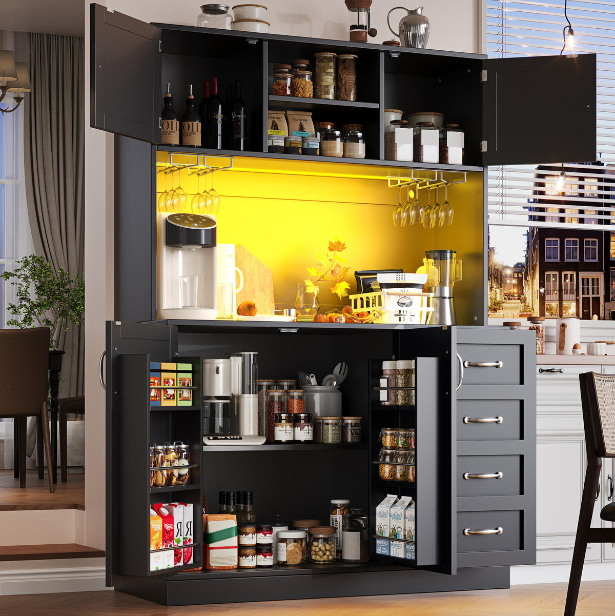 BUFFET 120/40/188 cm aus MDF mit LED-Beleuchtung Schwarz - Schwarz, Holzwerkstoff (120/188/40cm) - Modenvie