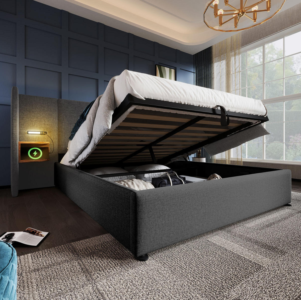 BETT mit Stauraum 160x200 cm Leinen Grau mit USB und Leselampe - Grau, Metall (160/200cm) - Meubliv
