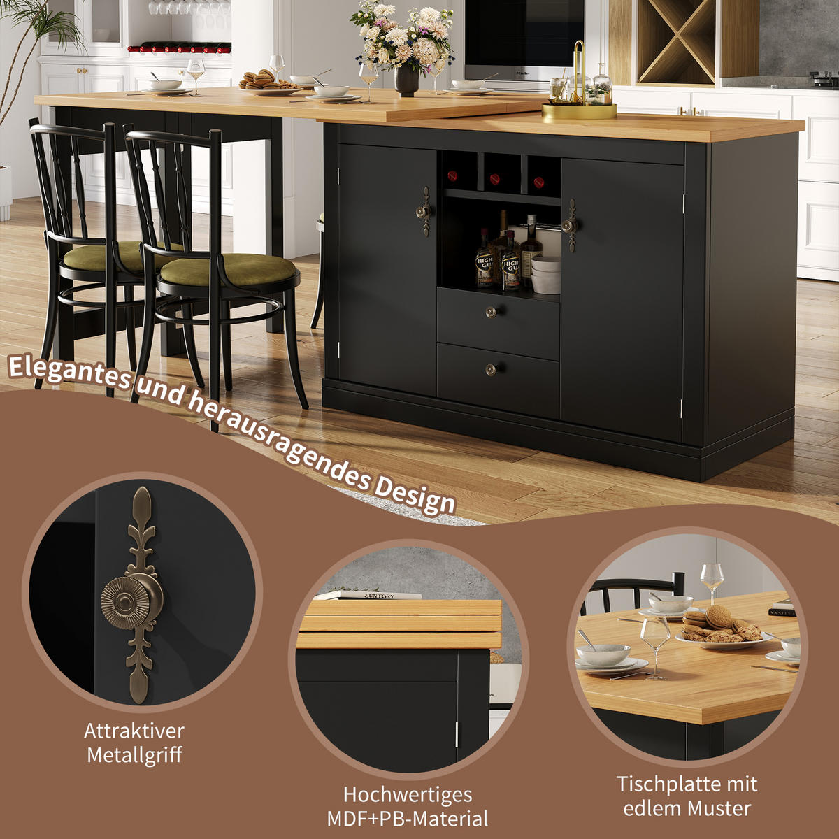 BARTISCH 360° Drehbar 120-180cm Ausziehbar Stauraum Schwarz - Schwarz, Holzwerkstoff (40/120/71.5cm) - FLIEKS