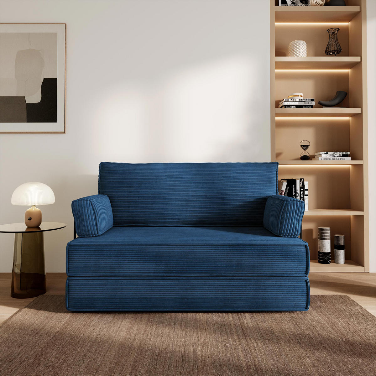 BETTSOFA LADIA aus Schaumstoff Cordstoff Blau Schlaffunktion - Blau, Textil (140/86/60cm) - MASSENO