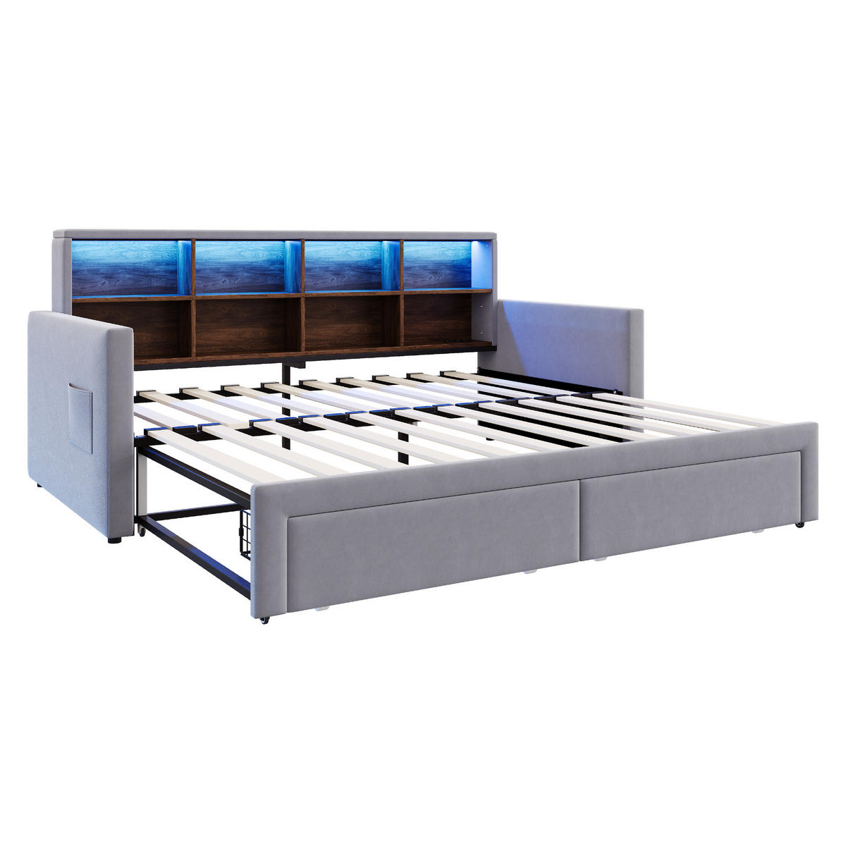 SCHLAFSOFA 90/190 cm & 180/190 cm in Hellgrau Samt mit 2 Schubladen, LED und USB - Hellgrau, Holzwerkstoff/Textil (90/190cm) - WISHDOR