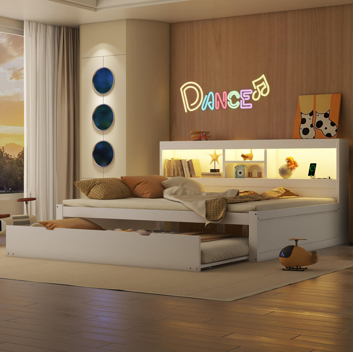 POSTEĽ 140/200 cm, biela, z drevotriesky a MDF, s LED osvetlením a výsuvným lôžkom - biela, kompozitné drevo (140/200cm) - BEAOK