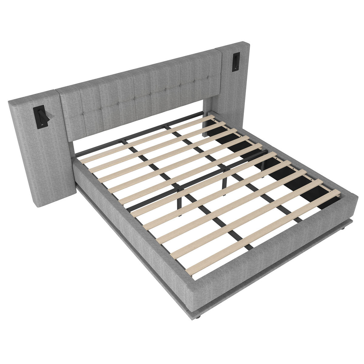 POLSTERBETT 180/200 cm Grau mit LED-Beleuchtung und USB-Anschluss aus Leinen - Grau, Textil (180/200cm) - OKWISH