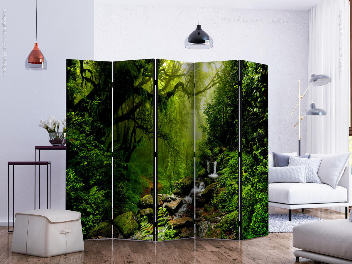 PARAVÁN Akustický 5-dielny 225x172 cm Vodopád v Lese - zelená, drevo/textil (225/172/3cm) - Muralo