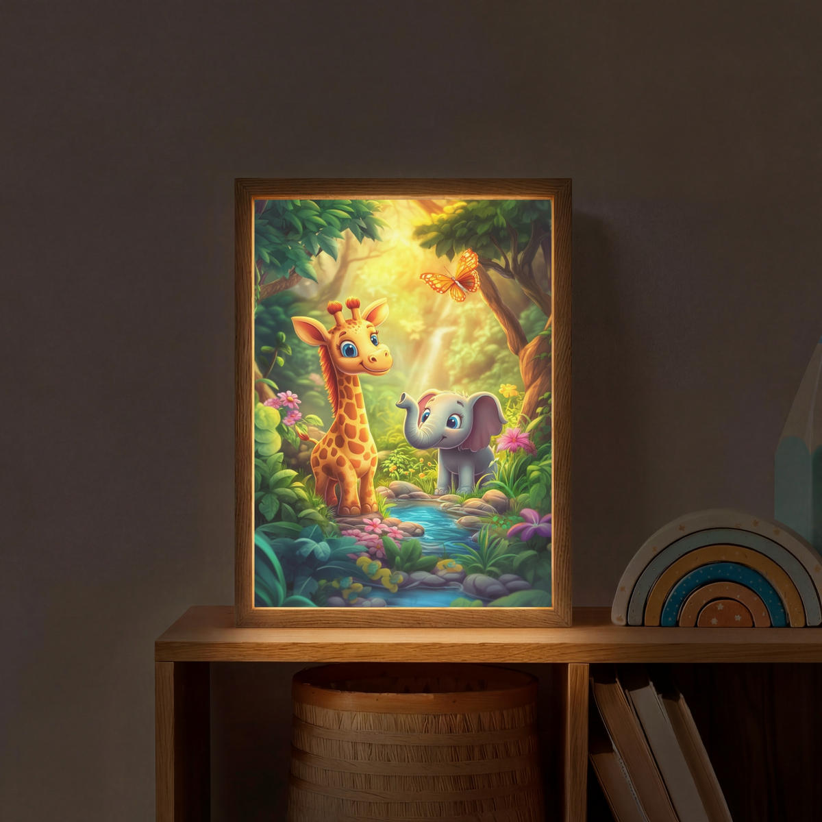 NACHTTISCHLAMPE MIT AKKU Giraffe - Elefant - Blumen - Dschungel 30x40 cm - Grün, Holzwerkstoff (8/30/40cm) - OnlyWow